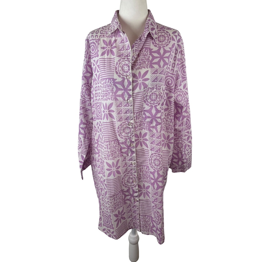 NWT Julia Amory Purple Block Print Husband Shirt Medium Tunic Resort Coastal